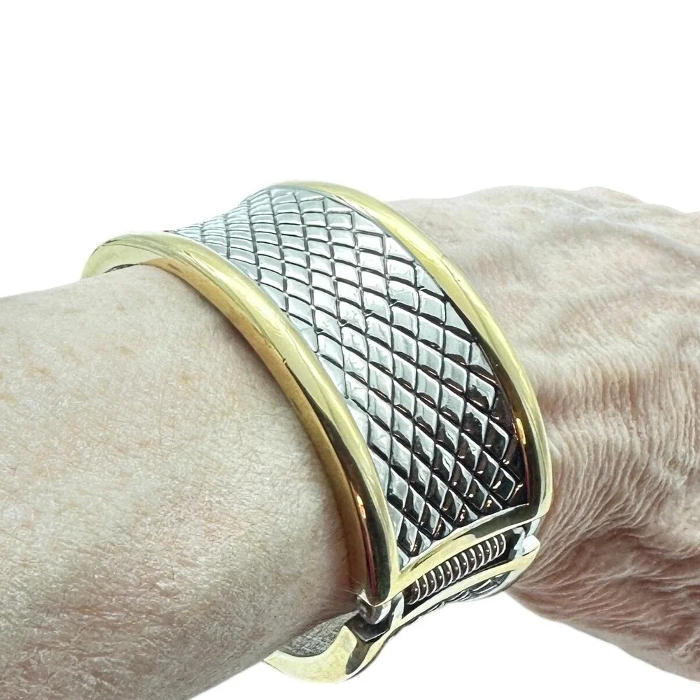 Gold & Silver Tone Cuff Bangle Bracelet Two Tone Diamond Weave‎ Fashion Jewelry